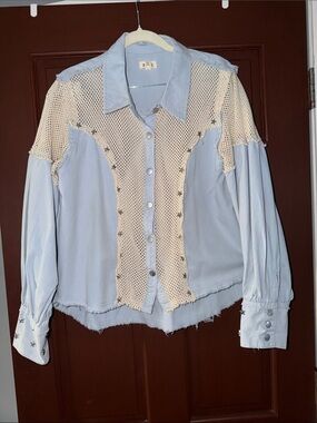 POL Size Small Blue Mixed Media Mesh Crochet Star Studded Oversized Shacket